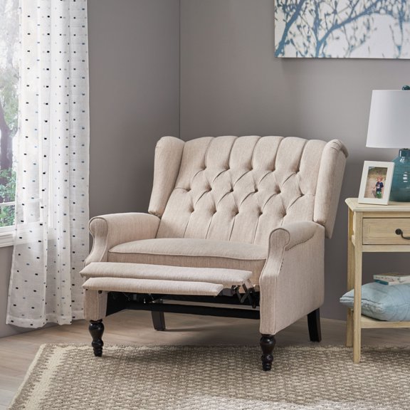 Comfy Upholstered Accent Reclining Chairs, Fabric Recliner Chair, Lounge Armchair, Push Back Single Sofa Chair with Foldable Footrest & Wood Legs, for Living Room, Bedroom, Beige