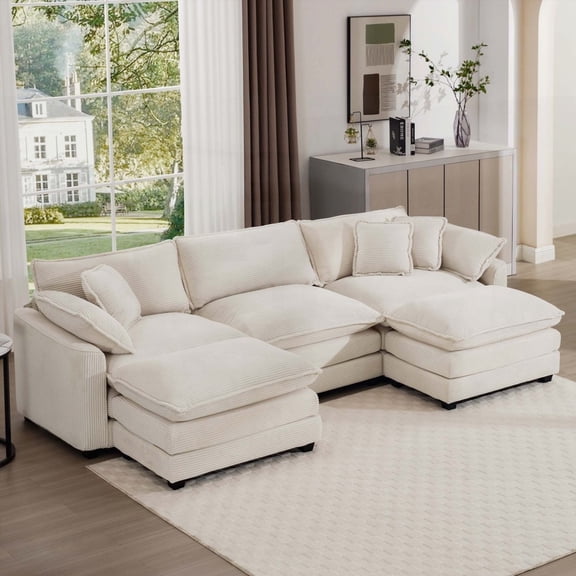 Comfy Upholstered U Shaped Convertible Corner Sectional Sofa Couch with Ottomans in Light Beige Corduroy, Exuding Classic & Modern Charm & Unbeatable Comfort