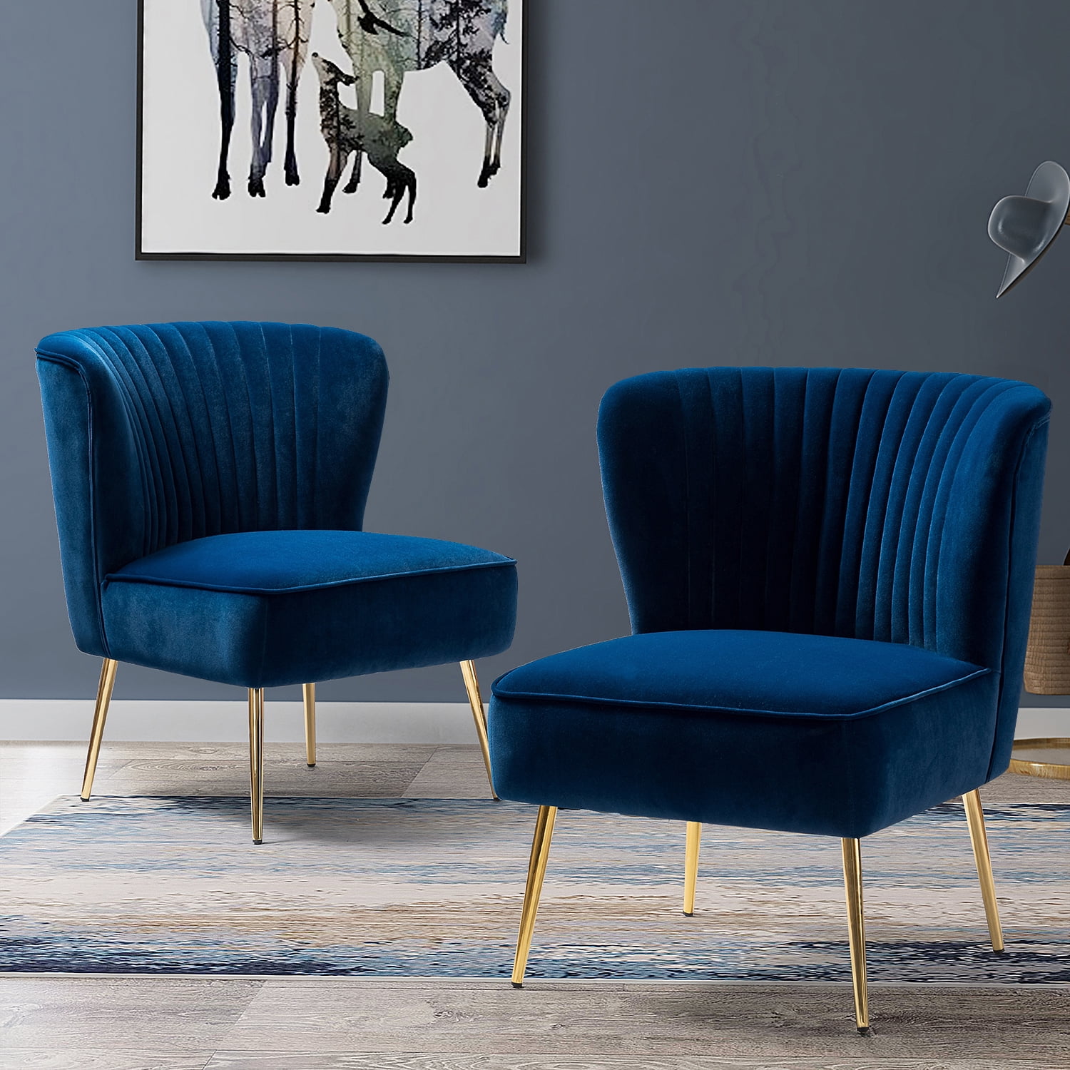 Navy Velvet Armless Side Chairs with Gold Metal Legs, Set of 2