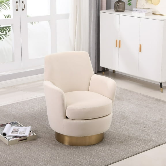 Comfy Velvet Swivel Accent Barrel Chair, Round Reading Club Armchair with 360 Degree Rotating Metal Base, Single Barrel Chair Lounge Sofa for Living Room, Bedroom, Beige