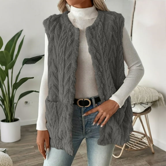 Comfy Vests for Women Winter Open Front Sleeveless Fuzzy Jackets Double-Sided Fleece Warm Outerwear with Pockets New Sleeveless Vests Tops for Women Plus Size Dark Gray XL