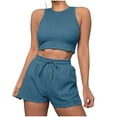 thumbnail image 1 of Comfy Waffle 2 Piece Set for Women Sleeveless Tank Tops with Drawstring Shorts Solid Color Summer Lounge Matching, 1 of 6