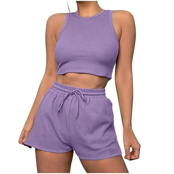 Comfy Waffle 2 Piece Set for Women Sleeveless Tank Tops with Drawstring Shorts Solid Color Summer Lounge Matching