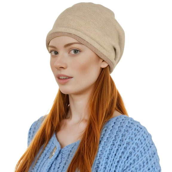 Comfy Warm Winter Knit Slouchy Beanie Hat Double Color Roll Up Edge Ski Cap for Women Men- Beige