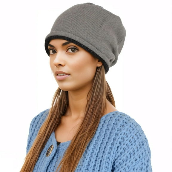 Comfy Warm Winter Knit Slouchy Beanie Hat Double Color Roll Up Edge Ski Cap for Women Men- Grey