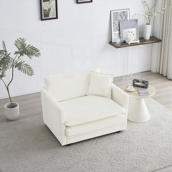 Comfy White Chenille Fabric Single Sofa, Solid Wood Frame & High Quality Sponge, 1 Toss Pillow, Easy Assembly & Flexible Sofa Options