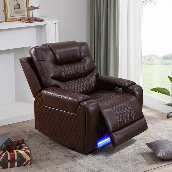 Comfy Wide Lazy Electric Power Recliner Chair, Breathing Leather Living Room Home Theater Seating with USB 2.0 Charging Ports & LED Light Strips, Red