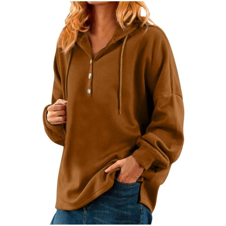 Comfy Women s Casual Long Sleeve Solid Color Button Down Pullover Hoodie Sweatshirt Tops Blouse Brown Hoodie Flannel Hoodies for Women