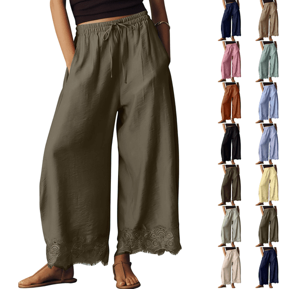 Comfy Women's Pants Cropped Lace Hem Pants Summer Boho Drawstring High Rise Wide Leg Lounge Trousers with Pockets Army Green L