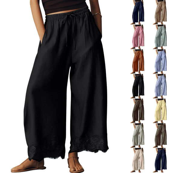 Comfy Women's Pants Cropped Lace Hem Pants Summer Boho Drawstring High Rise Wide Leg Lounge Trousers with Pockets Black XL