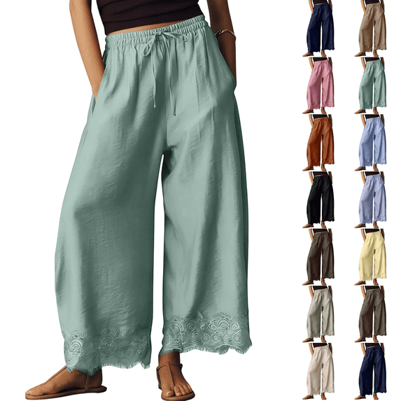 Comfy Women's Pants Cropped Lace Hem Pants Summer Boho Drawstring High Rise Wide Leg Lounge Trousers with Pockets Green 2XL