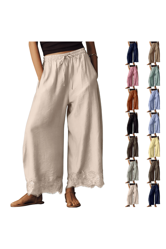 Comfy Women's Pants Cropped Lace Hem Pants Summer Boho Drawstring High Rise Wide Leg Lounge Trousers with Pockets Khaki S