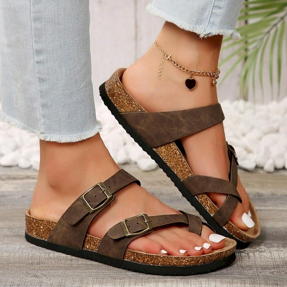 Comfy Women's Suede Platform Sandals With Adjustable Cork Footbed - Summer-Friendly Slide Shoes