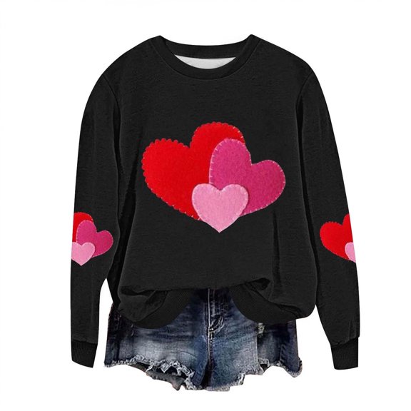 Comfy Women's Valentine’s Day Printed Hoodie - Loose Round Neck Long Sleeve, Cute Casual Top for Weekend & Commute Black XL