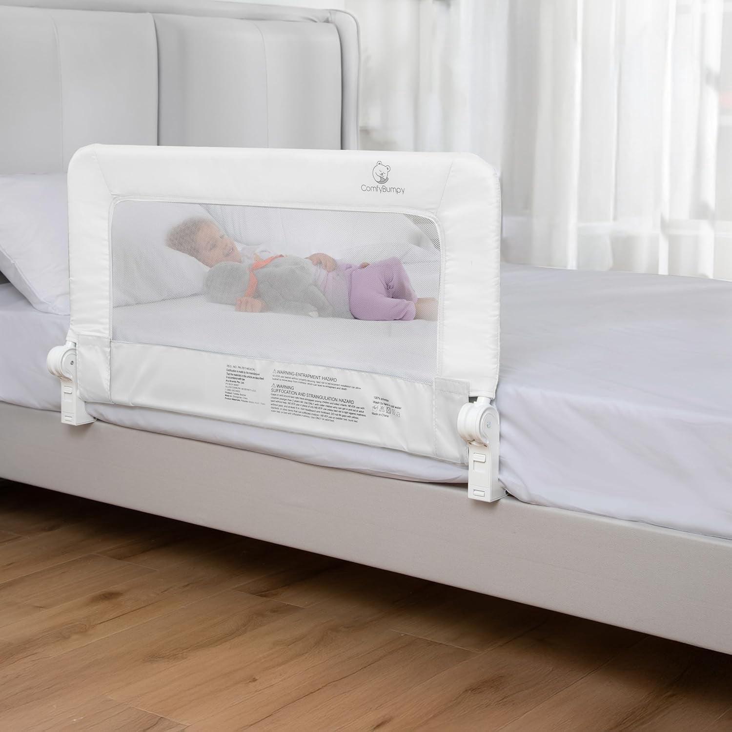 ComfyBumpy Toddler Bed Rail Guard, 35.5" x 19.5" Regular Swing Down Rail for Kids Beds, White, 1 pack