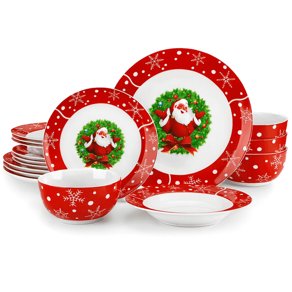 ComfyCreations Christmas Dinnerware Set, 16-Piece (Service for 4)  Red & White Santa Claus Stoneware Plates & Bowls, Dishwasher & Microwave Safe