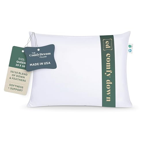 ComfyDown 50/50 Down Feather Blend ComfyDream Bed Pillow for Sleeping, Egyptian Cotton Cover, Made in USA, Queen Size (Queen)