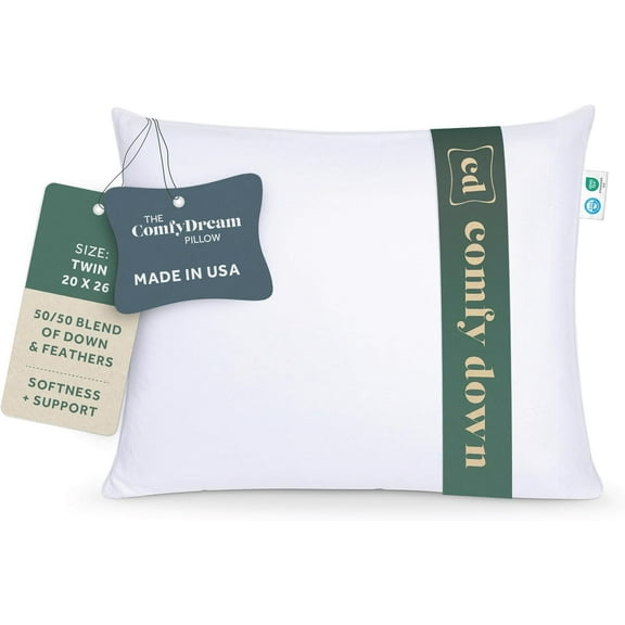 ComfyDown 50/50 Down Feather Blend ComfyDream Bed Pillow for Sleeping, Egyptian Cotton Cover, Made in USA, Standard Size