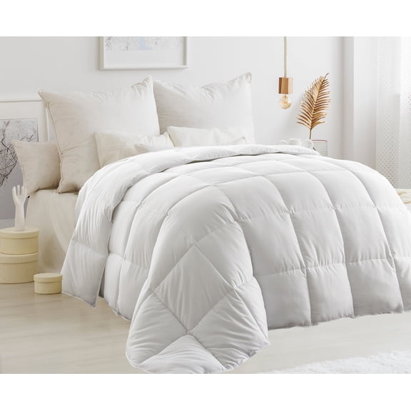 ComfyDown Down Feather White Comforter - Made in USA - 100% Cotton Cover, Light Weight Hotel Luxury Bedding Comforters, All Season Washable Duvet Insert with Corner tabs - (Queen)