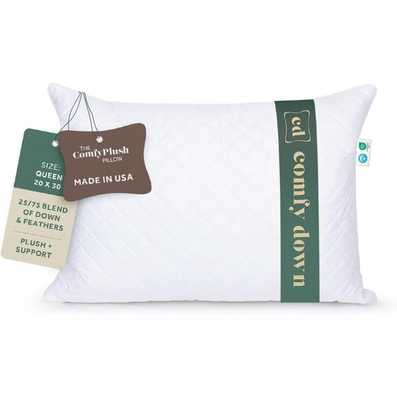 ComfyDown Premium Feather and Down ComfyPlush Supportive Bed Pillow for Sleeping, Luxury Diemend Quilted Cotton Cover, Made in USA, Twin Size, Medium Firm (Queen = 20x30)
