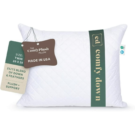 ComfyDown Premium Feather and Down ComfyPlush Supportive Bed Pillow for Sleeping, Luxury Diemend Quilted Cotton Cover, Made in USA, Twin Size, Medium Firm (Twin = 20X28)