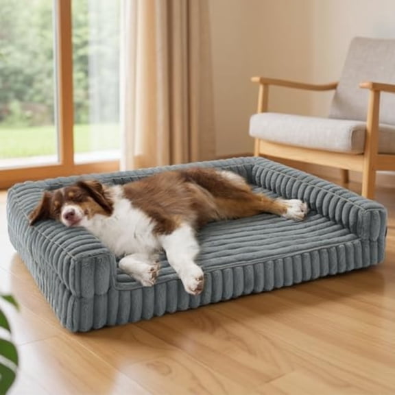 ComfyFleece Orthopedic Dog Beds Large Sized Dog Waterproof Memory Foam Pet Couch Sofa with Sides Non-Slip Bottom and Egg-Crate Foam Large Pet Bed with Washable Corduroy Cover Grey