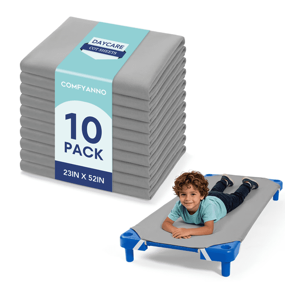 Comfyanno Cot Sheets for Daycare Standard Size - Fits 23" x 52" Cot, 10 Pack Bulk, Daycare Essentials, Soft & Comfortable Fitted Cot Cover, for Preschool Kids Nap Time, Brushed Microfiber - Gray