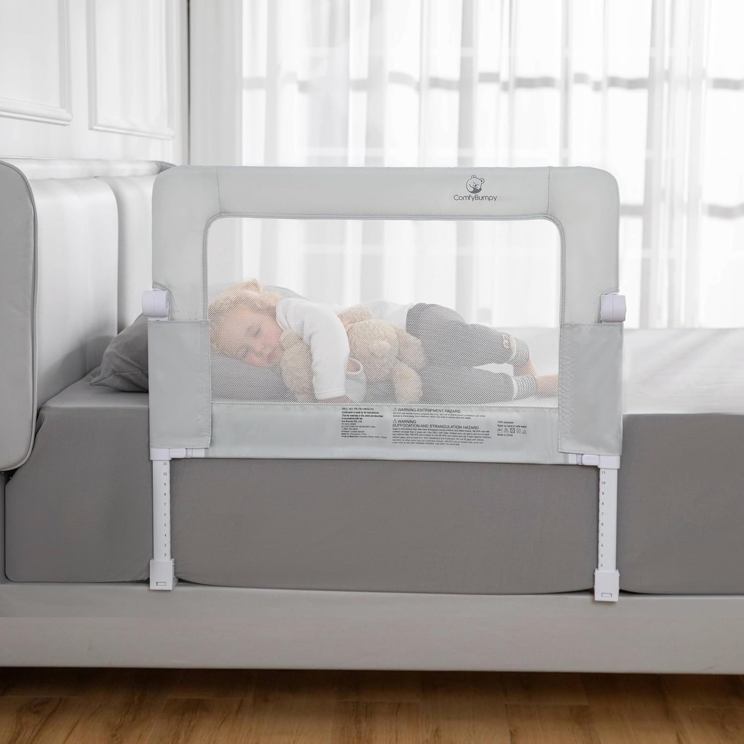 ComfyBumpy Toddler Bed Rail Guard, 35.5" x 24.4"–32.3" H, Regular Adjustable Height Down Rail for Kids Beds, Gray, 1 pack