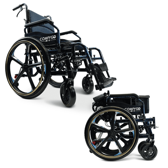 Comfygo Ultra Lightweight Manual Wheelchair for Adults - 17.5-Inch Seat Ergonomic Portable Wheel Chair with Elevated Adjustable Footrest, All Terrain Wide Wheels (Blue)