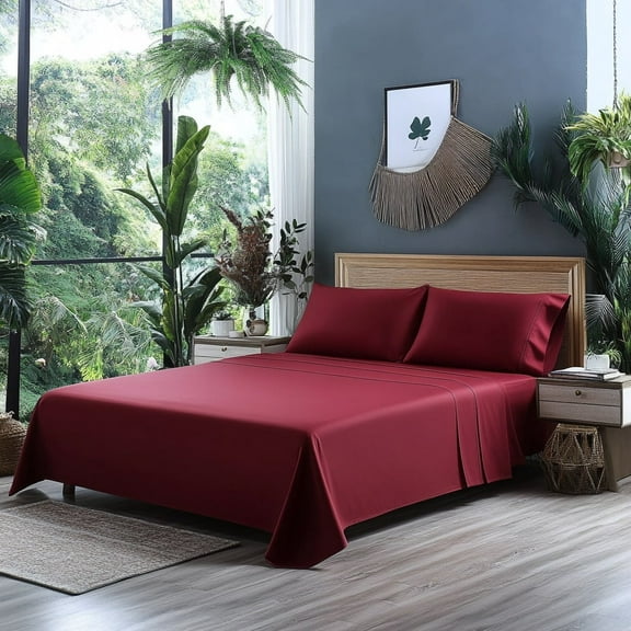 Comfylife Queen Size Bed Sheet Set Bamboo Derived Rayon Deep Pockets, Moisture Wicking, No Fading, Softer Than Cotton- 4 Pieces , Burgundy