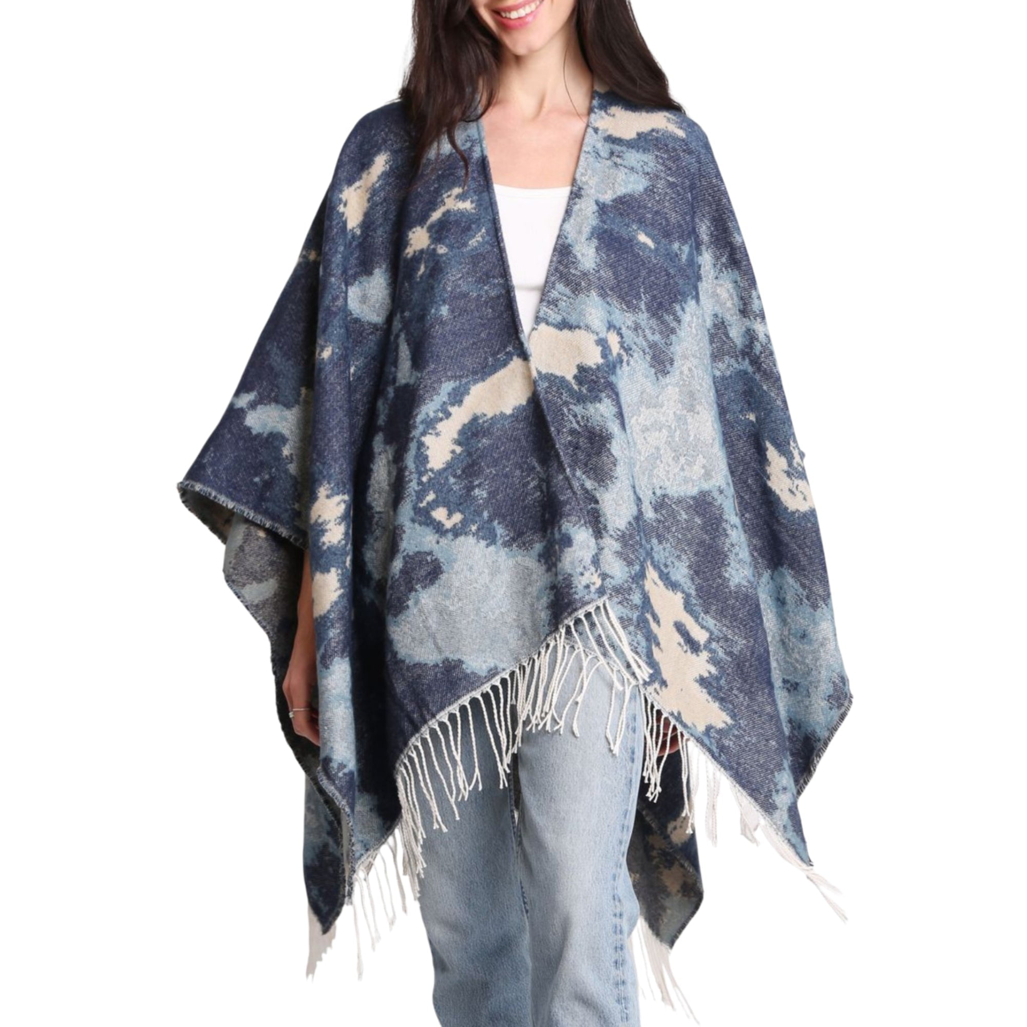 Comfyluxe Women's Soft Cozy Wrap Abstract Print Fringe Trim Ruana ...