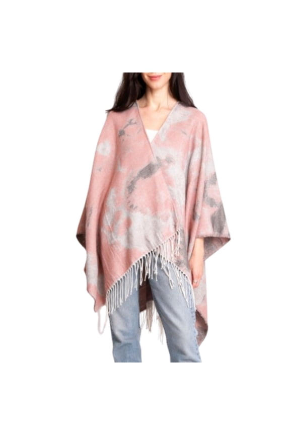 Comfyluxe Women's Soft Cozy Wrap Abstract Print Fringe Trim Ruana Poncho Shawl (Pink)