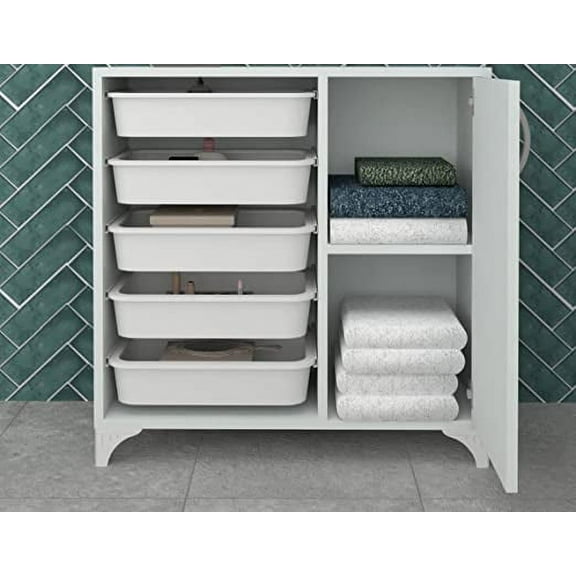 Comfyt Toy Storage Closet Organizer and Storage Bins Dresser Drawer Chest Shelves Shoe Cabinet Rack Bookshelf Bathroom Office Kitchen Pantry Organizer Garage Organization (White 5 Basket with Door