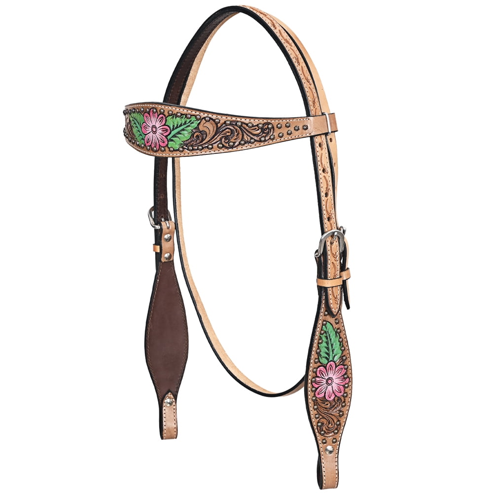 Coiffe Western Comfytack En Cuir Véritable - Marron, Peinte à La Main, Taille Standard