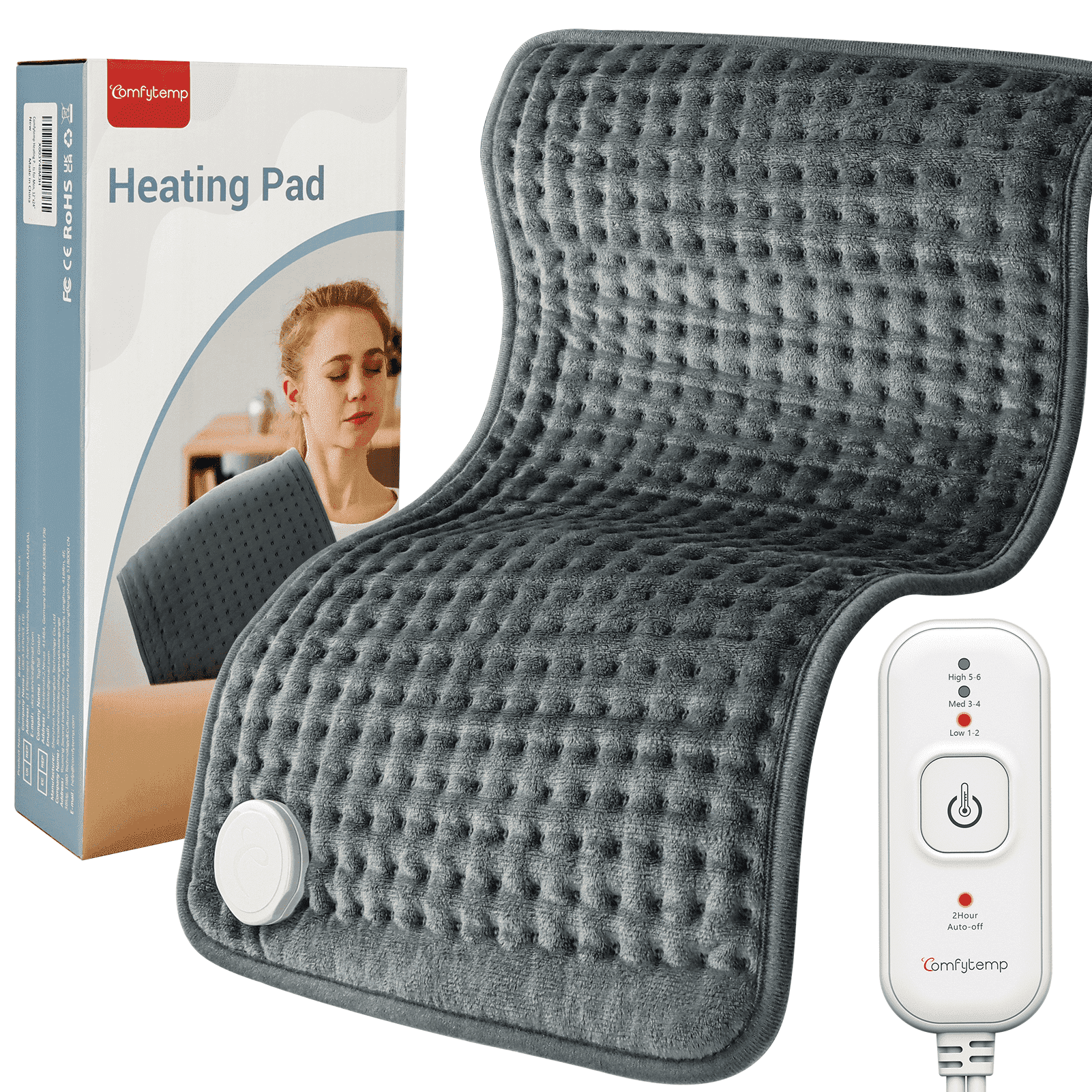 Comfytemp Electric Heating Pad for Back Pain, Blood Circulation, Cramps, Gray, 12 x 24 in