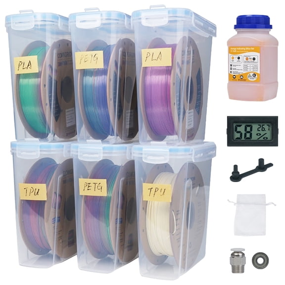 Comgrow 6 Pack Storage Boxes with Spool Holders and Humidity Meters, Organizer Containers for Filament Rolls with PTFE Tubes and Accessories
