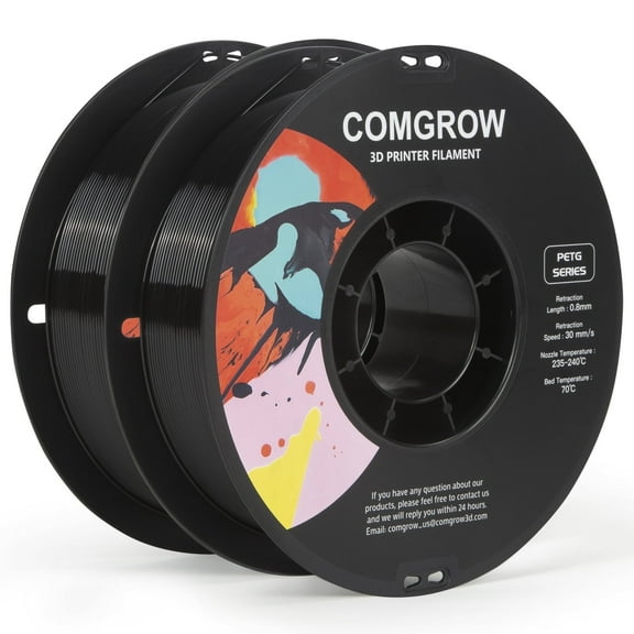 Comgrow PETG 3D Printer Filament-3D Printer Material 1.75mm Dimensional Accuracy +/- 0.02 mm, 1KG/2.2LB-Black*2