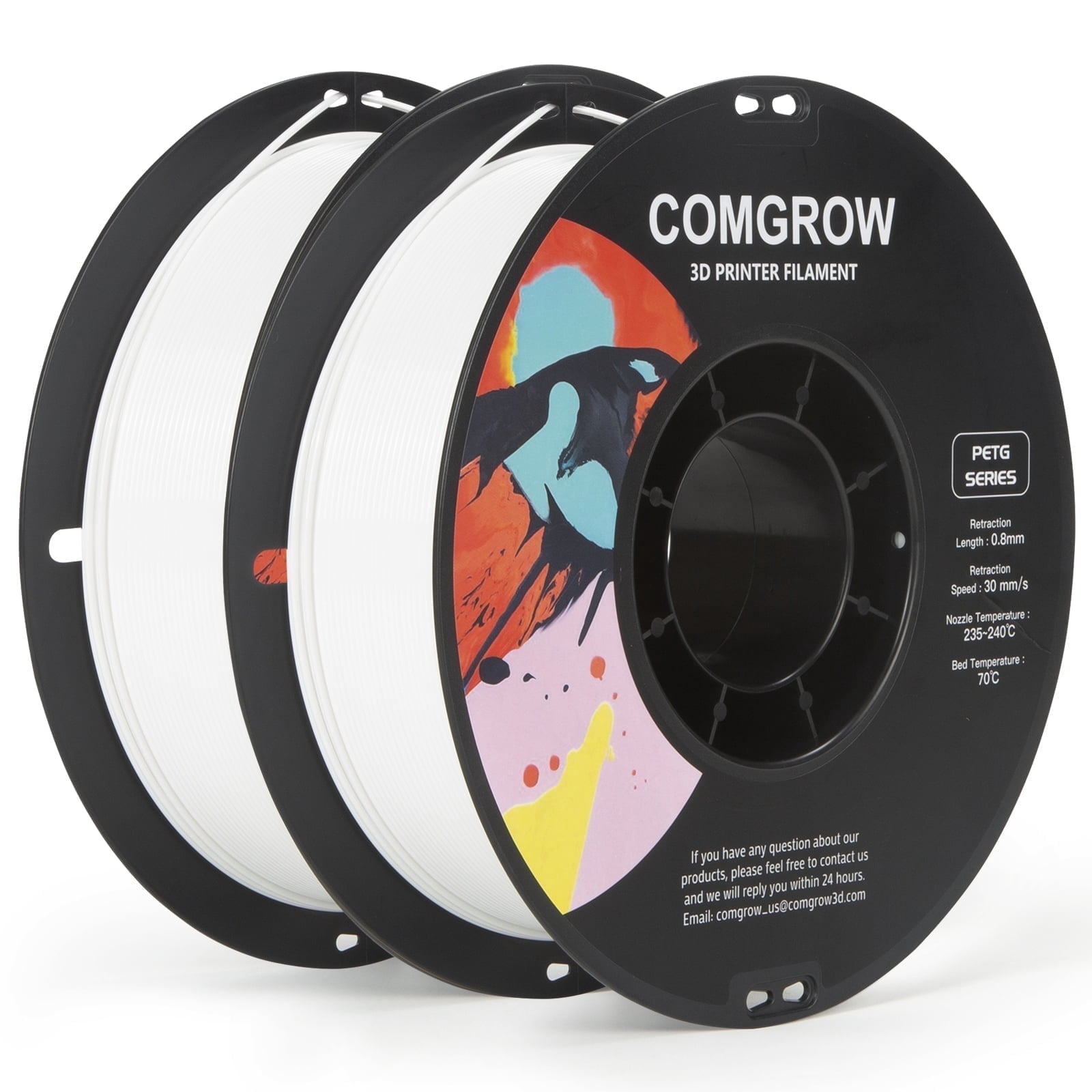Comgrow PETG 3D Printer Filament-3D Printer Material 1.75mm Dimensional Accuracy +/- 0.02 mm, 1KG/2.2LB-White*2