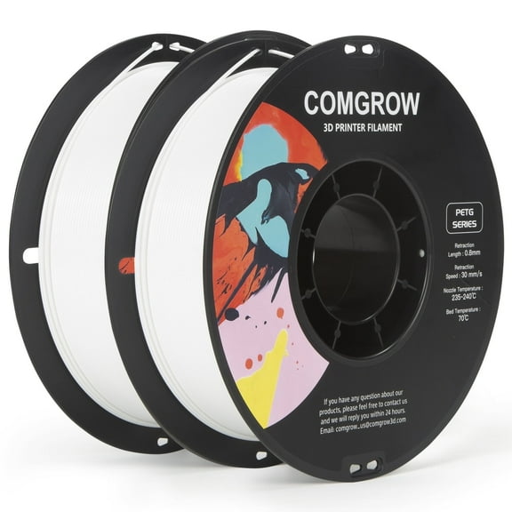 Comgrow PETG 3D Printer Filament-3D Printer Material 1.75mm Dimensional Accuracy  /- 0.02 mm, 1KG/2.2LB-White*2