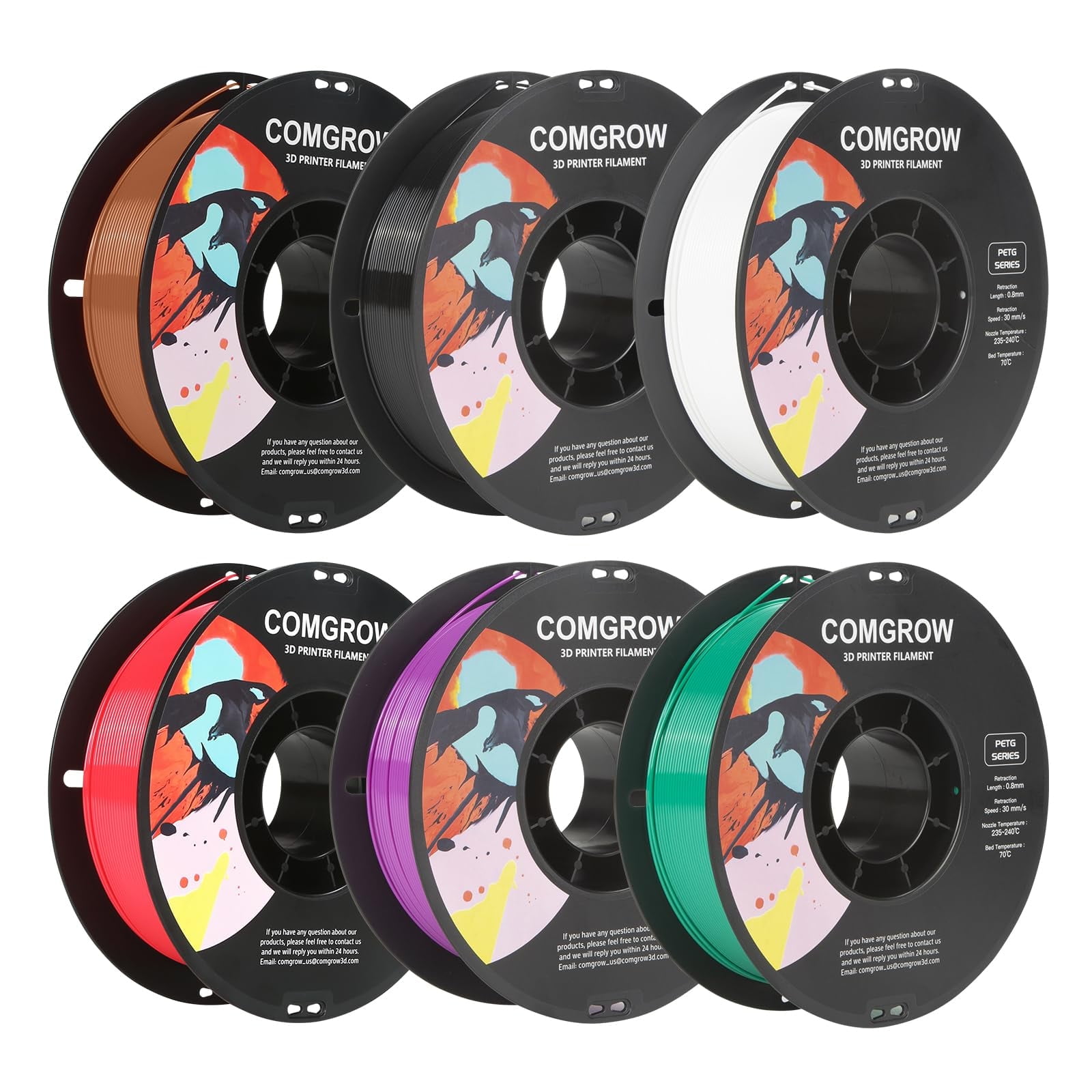 Comgrow PETG 3D Printer Filament 1.75mm, 6 Pack 1kg Spools, High Precision Tough Filament,No Clogging or Bubbles, Compatible with Most FDM 3D Printers(Black/White/Cherry Red/Pine Green/Purple/Brown)