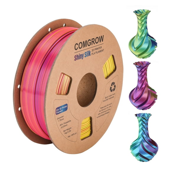 Comgrow Rainbow Colors Silk PLA 3D Printer Filament, Rainbow PLA Filament 1.75mm, Dimensional Accuracy  /- 0.02 mm with Shiny Silk Rainbow Red Blue Yellow(1KG)