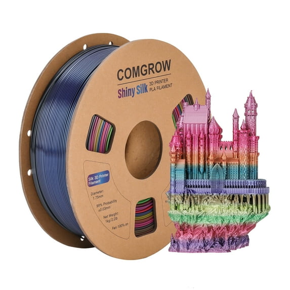 Comgrow Rainbow Colors Silk PLA 3D Printer Filament, Rainbow PLA Filament 1.75mm, Dimensional Accuracy +/- 0.02 mm with Shiny Silk Rainbow Red Series(1KG)