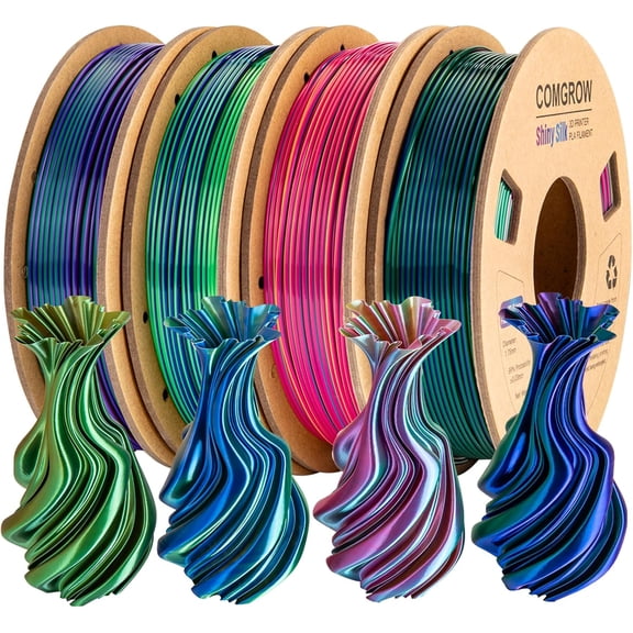 Comgrow Silk Shiny Rainbow Multi-Color 3D Printer Filament, Comgrow 3D Printing Materials Silk PLA 1.75mm, 3D Printing Filament +/-0.02mm, 250g X 4 Spool