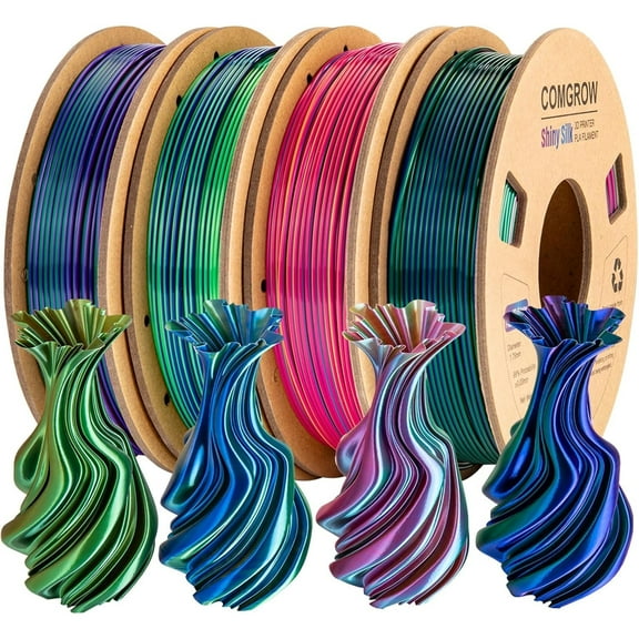 Comgrow Silk Shiny Rainbow Multi-Color 3D Printer Filament, Comgrow 3D Printing Materials Silk PLA 1.75mm, 3D Printing Filament  /-0.02mm, 250g X 4 Spool