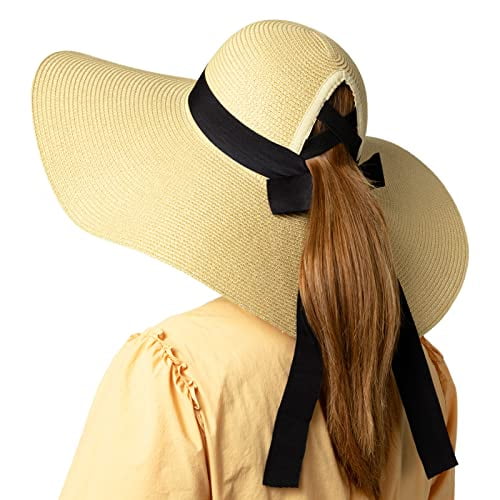 Comhats Beach Sun Hats for Women Summer Straw Ponytail Hole Floppy Wide  Brim Fedora UPF 50 UV Protection Foldable Ladies Beige Large 