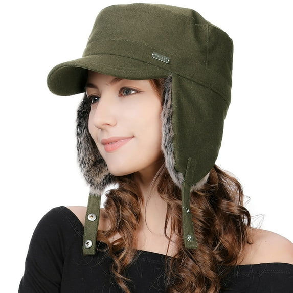 Comhats Boys Girls Winter Baseball Army Cap Trapper Warm Lined Military Hunting Hat Women Faux Fur Ear Flaps Muffs Ski Cold Weather Elmer Fudd Black Green Small 54-56CM