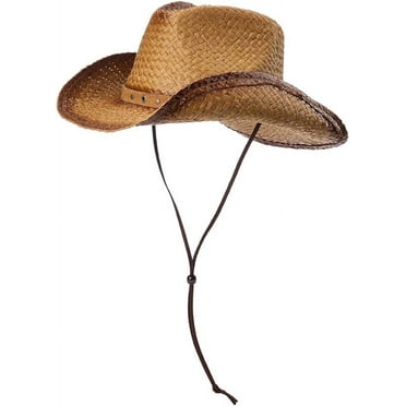 Comhats Western Style Cowboy Straw Fedora Hat for Men Women Khaki, Medium, with Chin Cord, Vegan Leather Band, Shapeable Brim for Beach and Beyond