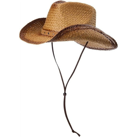 Comhats Western Style Cowboy Straw Fedora Hat for Men Women Khaki, Medium, with Chin Cord, Vegan Leather Band, Shapeable Brim for Beach and Beyond