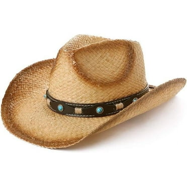 Comhats Western Style Round Cowboy Straw Hat for Men Women Fedora with Chin Cord, Vegan Leather Band, Shapeable Brim, Khaki, Large for Beach Outings