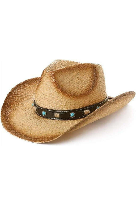 Western Style Round Cowboy Straw Hat, Khaki, X-Large